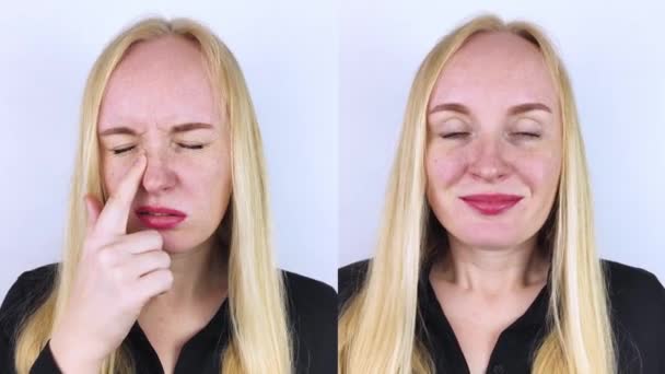 Left Woman Indicates Nose Pain Right Indicates Nose Longer Hurts — Stock Video