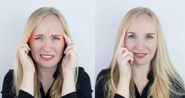 Davor Und Danach Links Zeigt Die Frau Kopfschmerzen Rechts Zeigt — Stockfoto