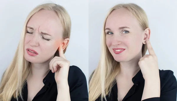Předtím Potom Vlevo Žena Ukazuje Bolest Ucha Vpravo Ucho Nebolí — Stock fotografie