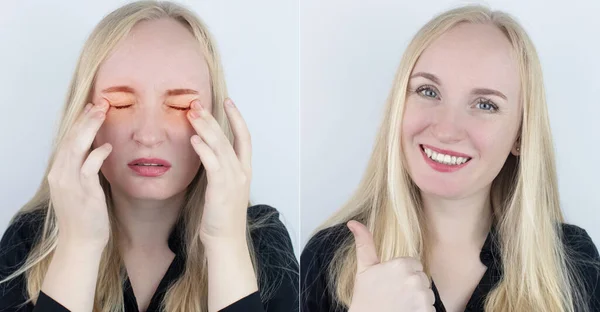 Left Woman Indicates Eyes Pain Right Indicates Eyes Longer Hurts — Stock Photo, Image