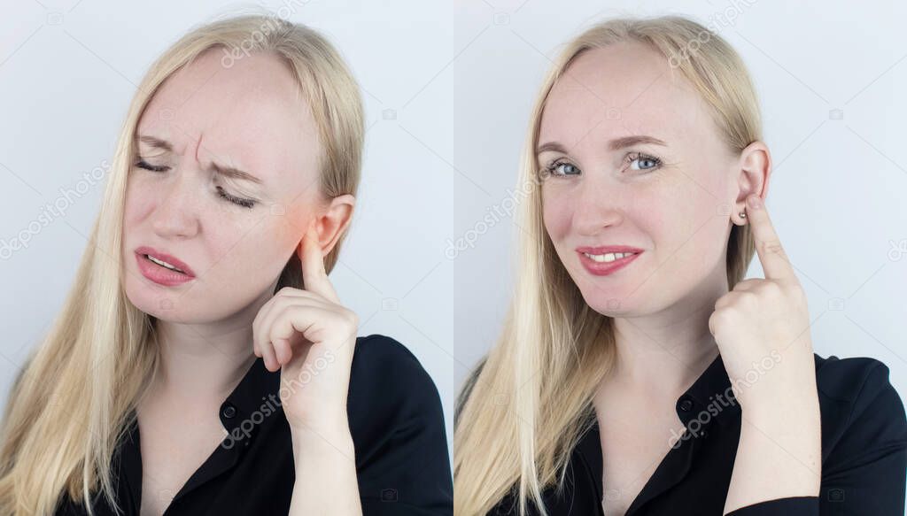 Before and after. On the left, the woman indicates ear pain, and on the right, indicates that the ear no longer hurts. Pain management and professional medical care assistance concept