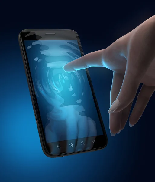 Hand aanraken smartphone weergeven — Stockfoto