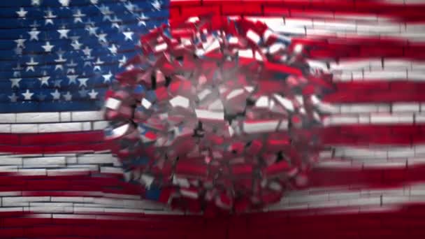 Exploding wall with flag of United States of America — Stock Video