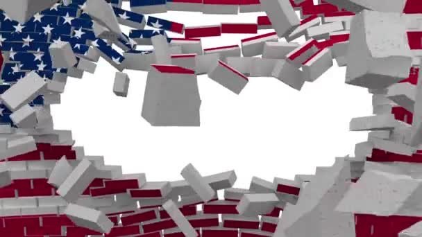 Explodierende Mauer mit Flagge der Vereinigten Staaten von Amerika — Stockvideo