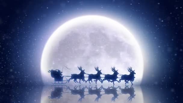 Santa met rendieren vliegen Over maan — Stockvideo