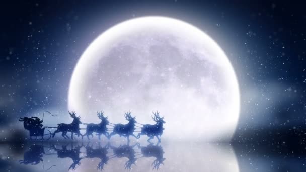 Père Noël avec des rennes survolent la lune 
