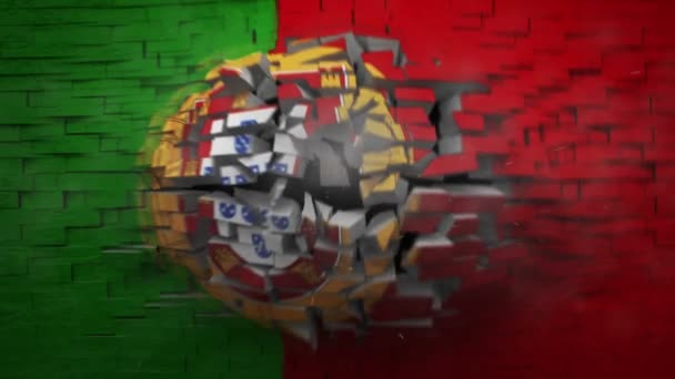 Exploderende muur met Portugese vlag — Stockvideo