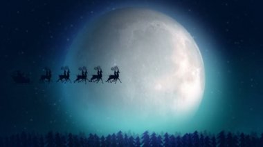 Santa Ren geyiği ile ayın üstünden uçar