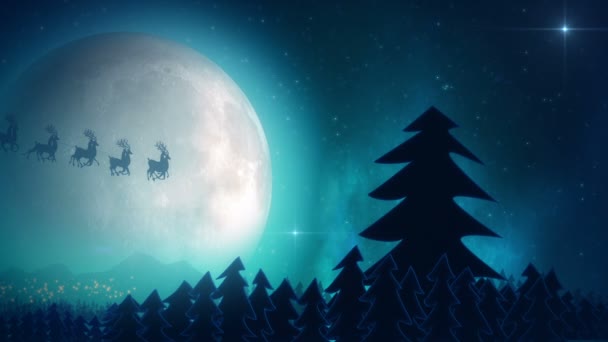 Weihnachtsmann mit Rentieren fliegt über den Mond — Stockvideo