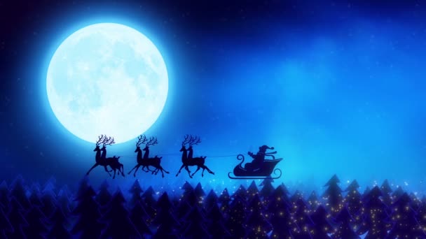 Santa com renas voa sobre a lua — Vídeo de Stock