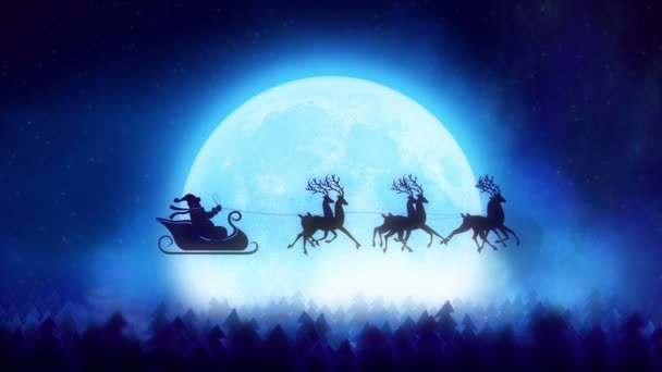 Weihnachtsmann mit Rentieren fliegt über den Mond — Stockvideo