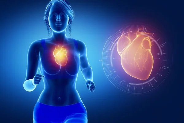 Running woman focused on heart — Stock Photo, Image