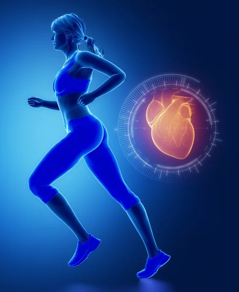 Jogging woman with heart interface — Stock Photo, Image