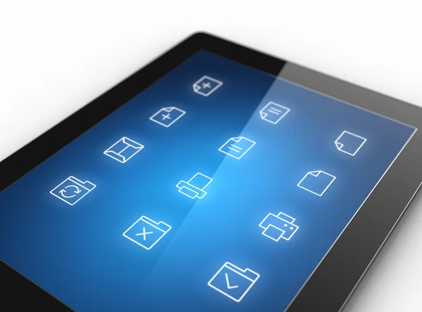 Set of icons on screen of digital tablet — Zdjęcie stockowe