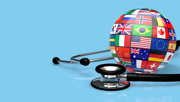 World Health Global Healthcare Concept Medical Stethoscope Globe International Flags — Stock Photo, Image