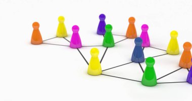 Sosyal ağ ve sosyal medya çevrimiçi web topluluğu ve İnternet ağ konsepti beyaz arka planda 3D illüstrasyon. 