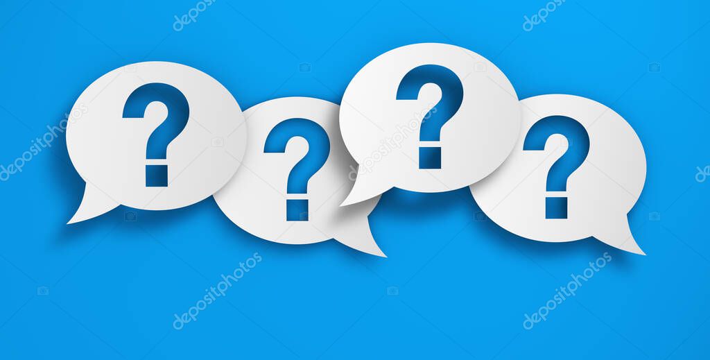 Question mark symbol and sign on papers speech bubbles, customer questions, faqs and business assistance concept 3D illustration on blue background.