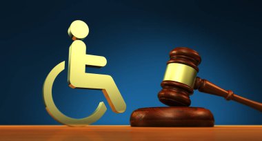 Engelliler yasası, sosyal hizmetler ve engelliler için hukuki işlemler. Hakim tokmağı ve tekerlekli sandalye ikonu..