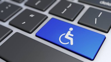 İnternet sitesi ve internet içeriği erişilebilirliği ve tekerlekli sandalye ikonu ve sembolü olan ulaşılabilir teknoloji konsepti mavi dizüstü bilgisayar anahtarı 3D illüstrasyon.