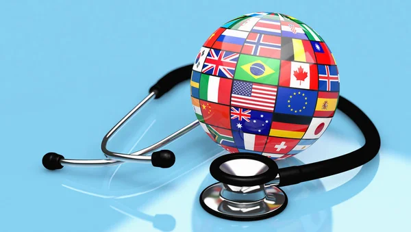 Światowa Koncepcja Zdrowia Globalnej Opieki Zdrowotnej Stetoskopem Medycznym Globusem Flagami — Zdjęcie stockowe