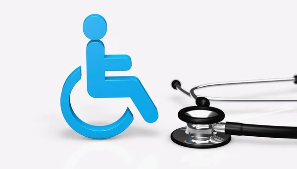 Mavi Tekerlekli Sandalye Ikonu Beyaz Arka Planda Doktor Steteskobu Olan — Stok fotoğraf