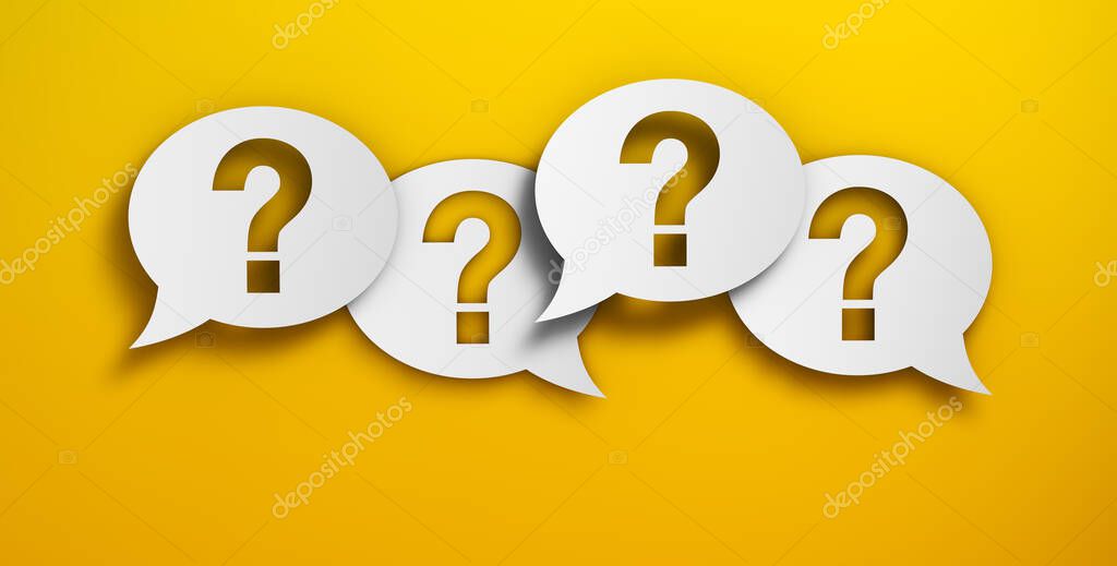 Question mark symbol and sign on papers speech bubbles, customer questions, faqs and business assistance concept 3D illustration on yellow background.