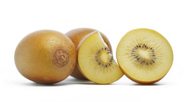 Group of gold yellow kiwifruit close up front view with one sliced golden kiwi isolated on white background.