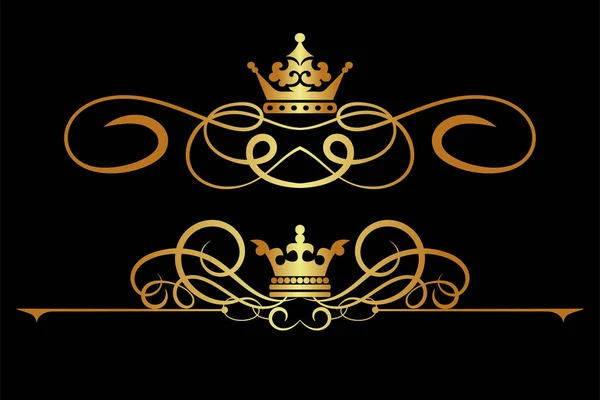 Ilustración Corona Real Conjunto Patrones Ornamento Oro Sobre Fondo Negro — Vector de stock