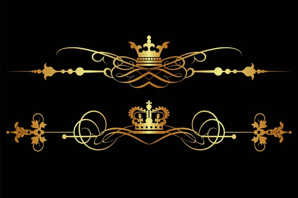 Corona Oro Con Ali Set Ornamenti Decorativi Sfondo Nero Vostro — Vettoriale Stock