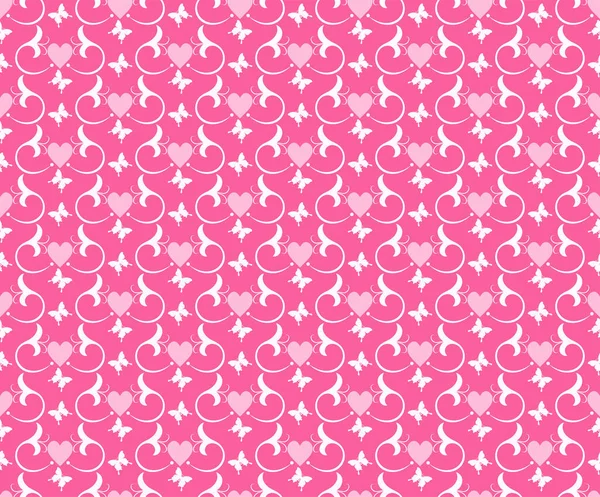 Fondo Rosa Romántico Con Mariposas Flores Corazones Para Diseño Textura — Vector de stock