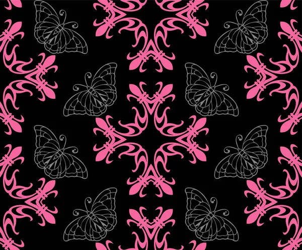 Seamless Pattern Pink Elements Gray Butterflies Black Background Wallpaper Seamless — Stock Vector