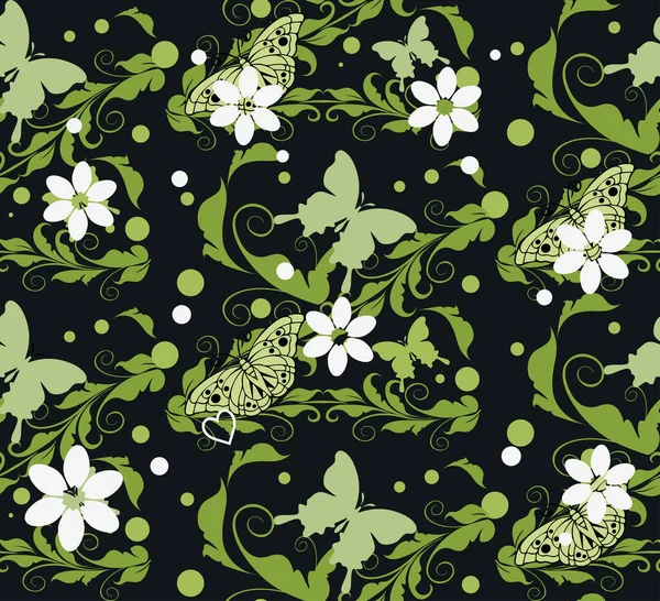 Motif Floral Avec Des Papillons Des Feuilles Sur Fond Noir — Image vectorielle