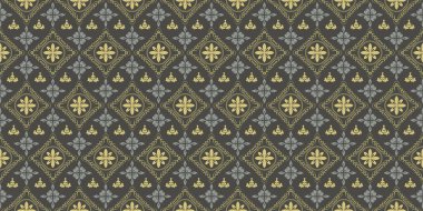 Çiçekli süslemelerle birlikte etnik arka plan deseni. Siyah arka planda gri ve altın rengi gölgeler. Kusursuz duvar kağıdı dokusu. Vektör grafikleri