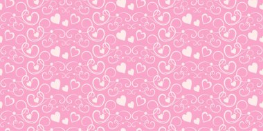Kıvrımlı ve kalpli şirin pembe soyut arka plan deseni. Kusursuz duvar kağıdı dokusu. Vektör resmi