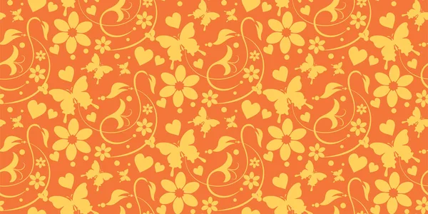 Patrón Fondo Verano Con Mariposas Flores Tonos Naranja Amarillo Textura — Vector de stock