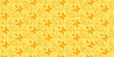  Dekoratif arka plan modeli. Sarı arka planda turuncu kelebekler. Kusursuz duvar kağıdı dokusu. Vektör resmi