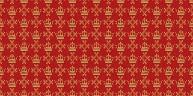 Kraliyet süsü ile dekoratif arka plan. Bordo arka planda altın kaplamalar. Kusursuz duvar kağıdı dokusu. Vektör resmi