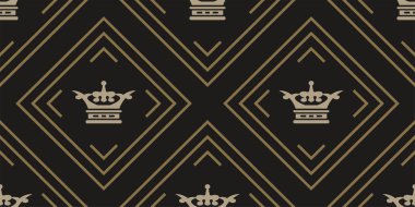 Koyu arkaplanda kraliyet tarzında kusursuz geometrik süslemeleri olan şık bir arka plan şekli. Tasarımın için duvar kağıdı deseni. Vektör grafikleri
