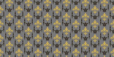 Gri arka planda taç ve çiçek unsurları olan kraliyet arkaplan deseni, duvar kağıdı. Kusursuz desen, tasarımın için doku. Vektör illüstrasyonu