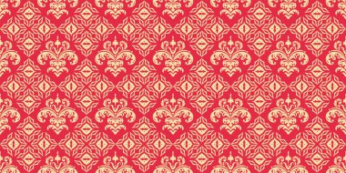 Kırmızı arka planda çiçek süslemeleri olan klasik bir arkaplan deseni, duvar kağıdı. Kusursuz desen, tasarımın için doku. Vektör resmi