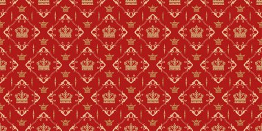 Arkaplan deseni, kırmızı arka planda kraliyet süsü olan duvar kâğıdı. Kusursuz desen, tasarımın için doku. Vektör resmi