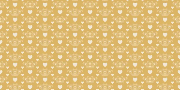 金の背景 壁紙上の蝶や心を持つロマンチックな背景パターン シームレスなパターン デザインのテクスチャ ベクターイラスト — ストックベクタ