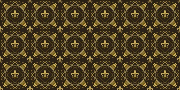 黒の背景に装飾的な金の装飾品と装飾的な背景パターン シームレスなパターン デザインのテクスチャ ベクトル画像 — ストックベクタ