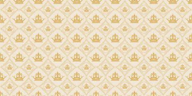 Beyaz arka planda altın kraliyet tacı olan arkaplan deseni. Kartpostallar, kapaklar, duvar kağıtları için harika. Kusursuz desen, tasarımın için doku. Vektör resmi