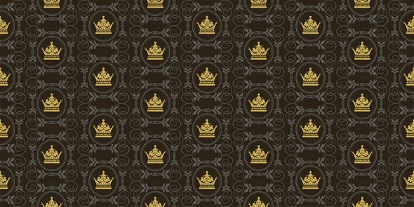 Фоновый Рисунок Золотыми Королевскими Коронами Цветочными Украшениями Черном Фоне Отлично — стоковый вектор