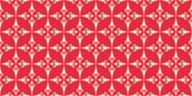 Kırmızı üzerine çiçekli süs olan şık bir arkaplan deseni. Tasarımın için arkaplan resmi. Kusursuz desen, duvar kağıdı dokusu. Vektör resmi