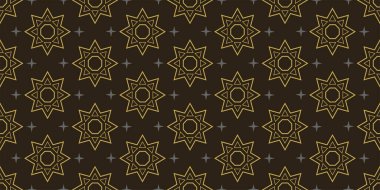 Siyah arka planda altın yıldızlı geometrik arkaplan deseni. Kusursuz desen, doku. Vektör grafikleri