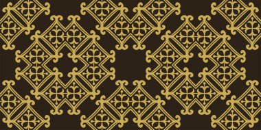 Siyah zemin üzerinde altın geometrik süsleme olan modaya uygun arka plan deseni, duvar kağıdı. Kusursuz desen, doku. Vektör illüstrasyonu