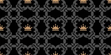 Siyah arka planda altın kaplamalı kraliyet arkaplan deseni, duvar kağıdı. Kusursuz desen, doku. Vektör resmi