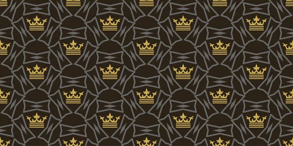 ブラックの背景に金の冠と幾何学的な要素を持つ現代の王室の背景パターン シームレスなパターン ベクトル画像 — ストックベクタ